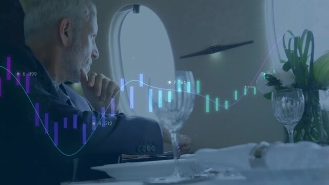 Exec resting chin grabbing phone tapping screen causing market chart overlay while tracking stocks