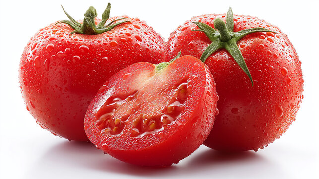Two fresh red tomatoes with water droplets and one tomato cut in half showing seeds against a white background