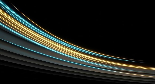 Smooth flowing luminous arcs of cyan and gold sweeping diagonally through a dark layered perspective minimal canvas on blacksolid background
