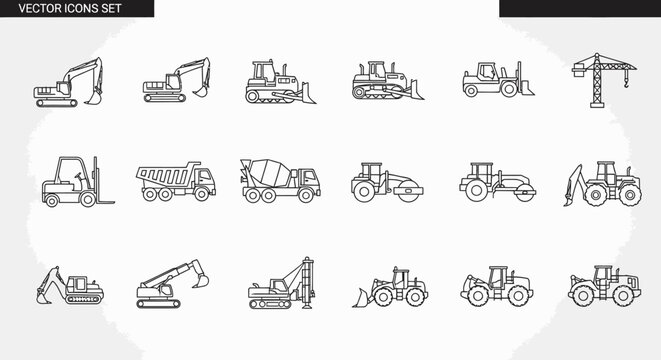 Collection of heavy duty vehicle icons.