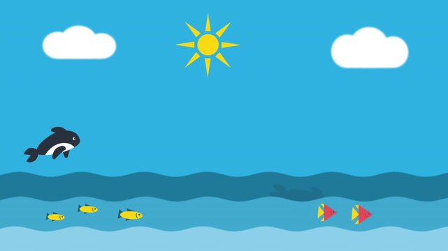 Children's Summer Animation. Sea Life. Underwater World. Sun, Clouds, Sea, Waves Water, Dolphin, Fish. Video in Blue, Red, White, Yellow