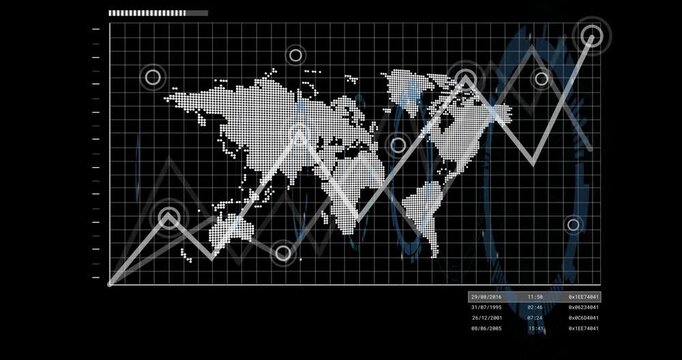 Bar filling dotted map appearing line graph growing nodes pulsing HUD helix aligning showing tech