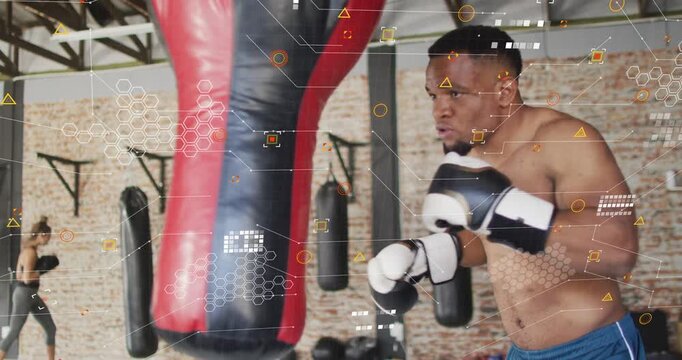 From right stance, boxer throwing punches, stepping, raising guard for training with HUD overlay