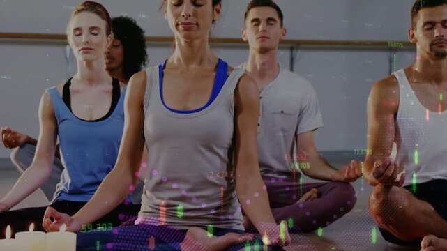 Pulling back cam showing center woman meditating in studio tank candle bowl chart overlay for calm