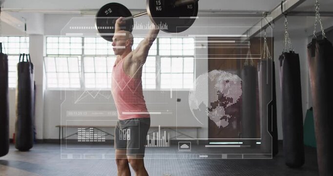 Fit athlete starting descent with locked barbell overhead, squatting while HUD charts tracking form