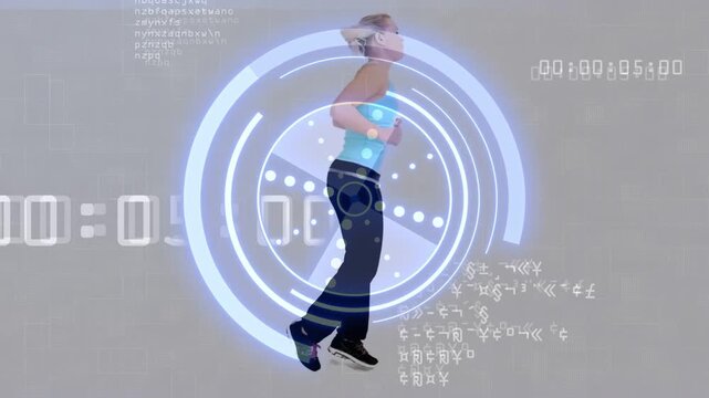 Woman jogging in gray studio, timer starting, HUD rings rotating around torso tracking fitness data