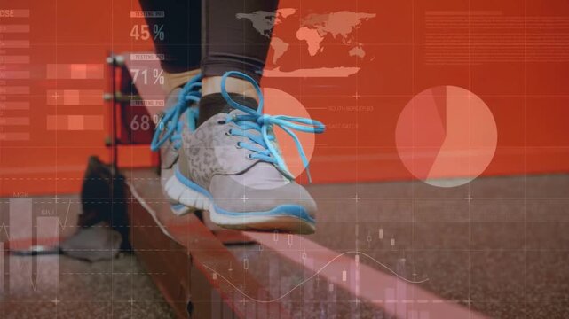 Woman shifting weight from right foot, stepping on beam with overlaid charts showing training data