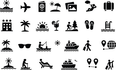 Obraz premium Comprehensive Collection of Summer Vacation and Travel Icons Featuring Tropical Islands, Cruise Ships, Hotels, Outdoor Activities, and Global Tourism Symbols.