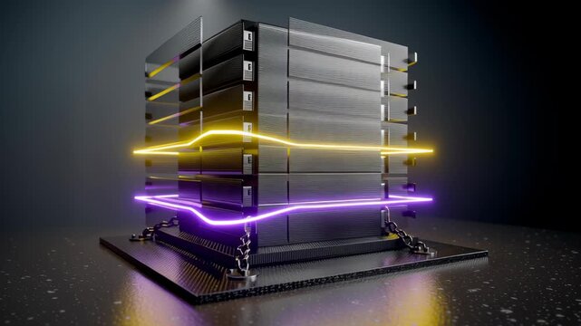 A futuristic data center with illuminated neon rings surrounds towering server racks in a dark, high-tech environment.