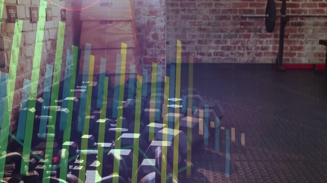 Kettlebell cluster holding left while bars emerging left sweeping right revealing barbell bench gym