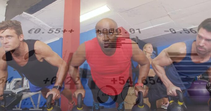 Center male red top leading fitness group from low doing kbells pushups while metrics tracking reps