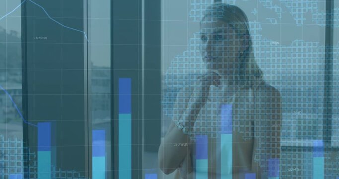 Reacting to rising data charts woman shifting crossed arms to chin by office windows weighing data