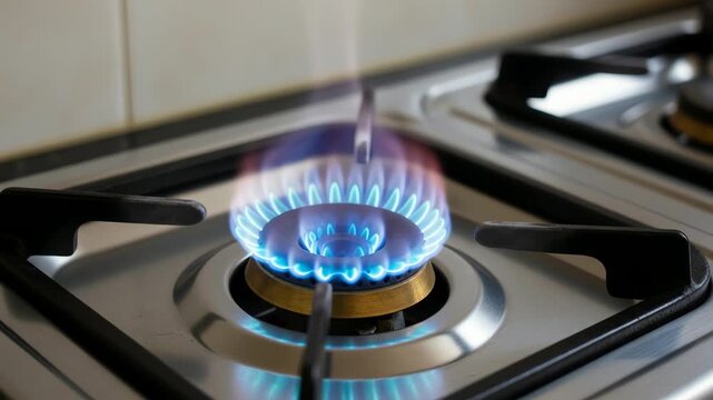 Close up of a natural gas blue flame burning on a kitchen cooker
