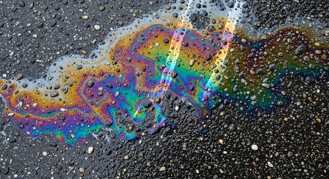 Colorful Oil Slick on Wet Asphalt Surface Abstract Pattern.