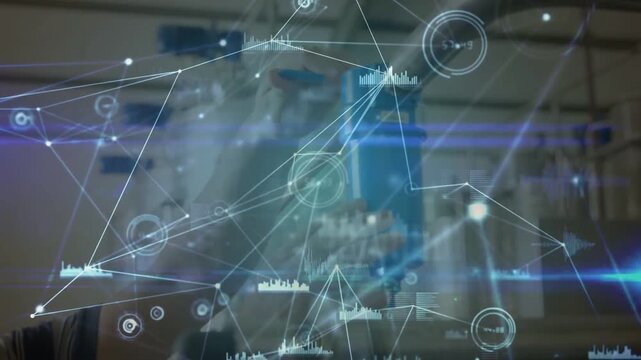 Alerting HUD animation, tech in dark shirt inspecting securing blue actuator on pipes for test