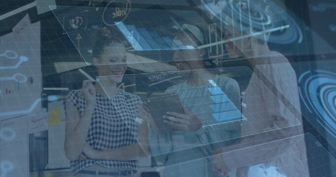 Three female colleagues rotating tablet in office, activating schematic overlay for design review