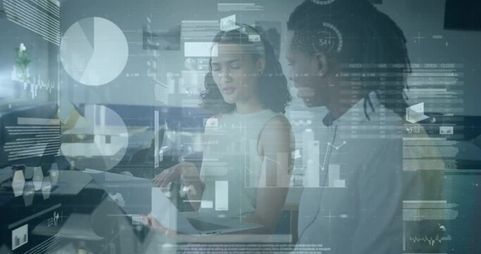 Vertical video: Holding doc woman in sleeveless top leading man at copier reviewing laptop overlays