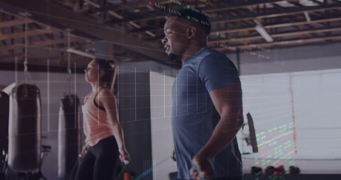 gym duo on cue starting jump-rope cardio, transparent HUD tracking motion, stopping, fist bumping