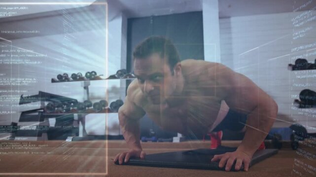 Man starting plank, doing pushups on mat for fitness while animated streaks highlighting motion
