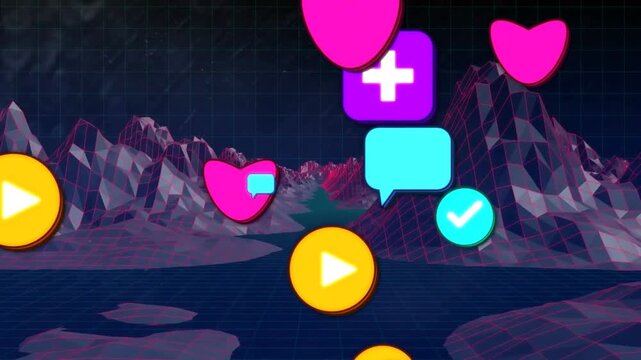 Small magenta heart sparking marketing icons surging forward over low-poly valley, symbolizing buzz