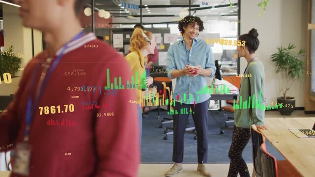 Coworkers clustering and chatting during break in office, laptop-triggered finance charts animating