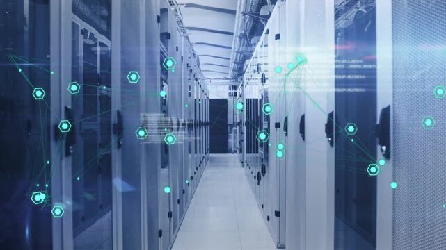 Glowing central server-rack aisle showing teal hex nodes and linking lines in data center