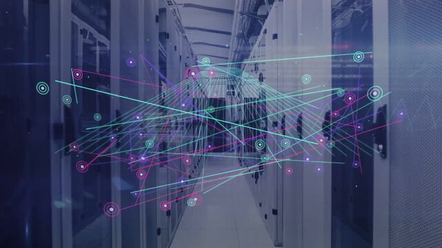 Server-rack aisle visualizing data-center load, data feed starting nodes and lines multiplying