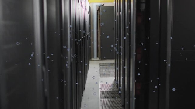 Center cam moving down data center aisle, revealing overhead cables and animated dots mapping data
