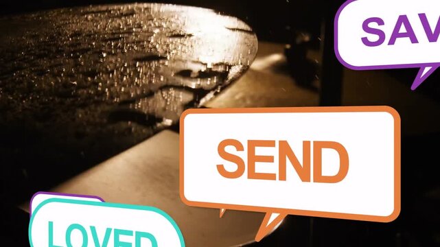 Steady close-up on wet cymbals starting speech bubbles emerging sliding piling covering to engage