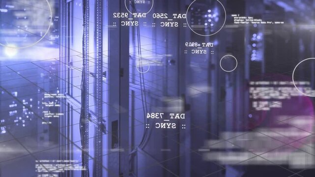 Camera shifting and HUD overlays rotating revealing vertical server cabinet for data center ops