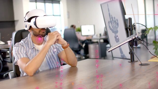 Seated man seeing UI cue on monitor, uncrossing, reaching into pink AR overlays for tech testing