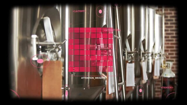 Framing stainless tanks showing central hatch and ladder in brewery, with ATTENTION_WEIGHTS grid