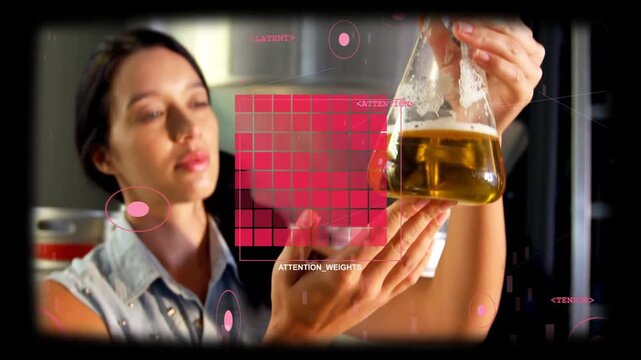 Woman in brewery tilting flask checking quality, camera pulling up HUD ATTENTION_WEIGHTS over hands