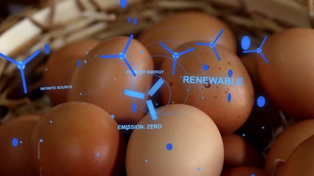 Eggs in basket overlay emerging frame one, rotor pulsing, text promoting renewables