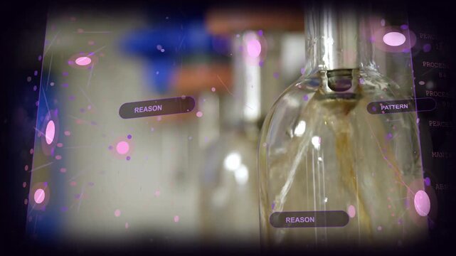 Vertical video: Nozzle releasing droplet, filling flask with amber liquid while lab UI monitoring