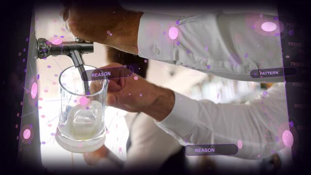 Server forearm pulling tap handle, pouring beer into glass and adjusting flow to control foam