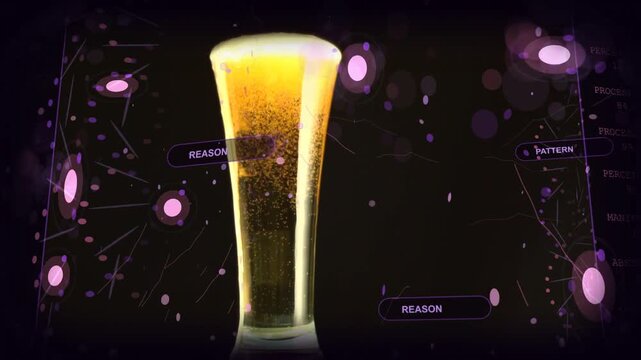Beer glass centering as frames advancing, panels scrolling, nodes pulsing, showing brewing metrics