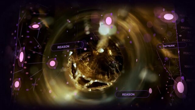 Gold vortex rotating, sending foam column down, churning core, tagging REASON PATTERN, tech panels