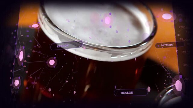 Descending camera showing foamy glass mugs centering on warm brown table HUD tagging REASON or PATTE