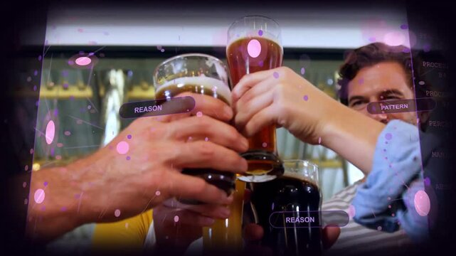 Cluster of four hands raising beer glasses toasting in taproom, drawing HUD labels and pink sparks