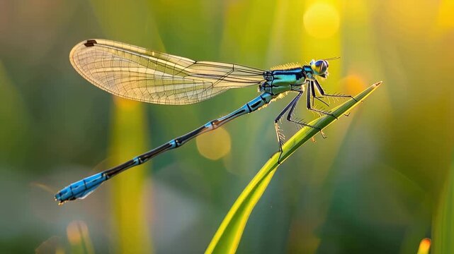 A blue damselfly perched on a green leaf in a natural setting with blurred background 4k video