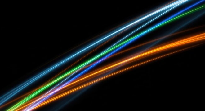 Smooth motion blur of luminous curves crossing diagonally through a cinematic dark gradient layered depth composition on blacksolid background