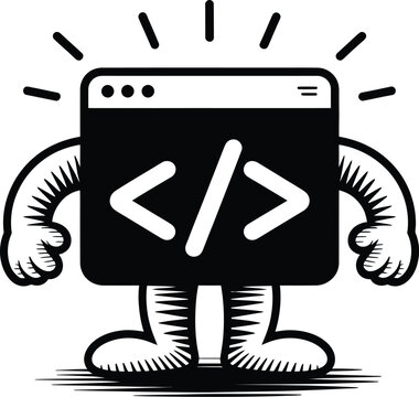 Vector illustration of a cartoon browser window with code brackets, arms, and legs