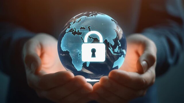Hands holding a glowing world globe.