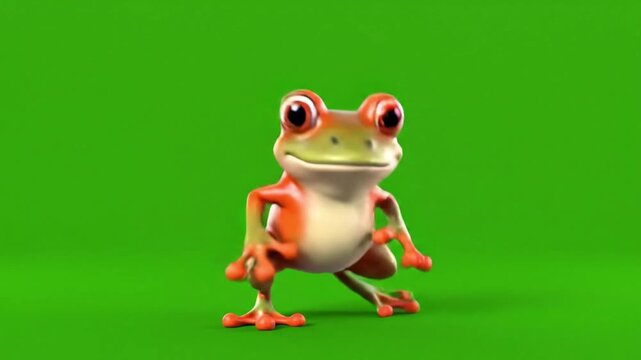 A cartoon frog with orange and green skin standing on a green background with a cheerful expression.