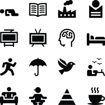 Diverse icons representing human activities, concepts, and objects: prayer, book, factory, person icon, tv, brain, bed, running, umbrella, bird, relaxing, sofa, meditation