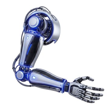 Advanced robotic arm prosthesis with blue glowing led lights and carbon fiber details showcasing futuristic bionic engineering and human enhancement technologies now
