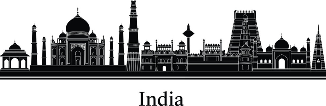 Black silhouette of India skyline featuring Taj Mahal, Qutub Minar, and ancient temples, famous Indian landmarks and architectural monuments isolated on white background set. (25 words)