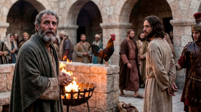 Peter standing by a charcoal fire, his face stricken with remorse, in the background Jesus being led by guards, looking directly at Peter, a rooster crowing on a stone wall between them