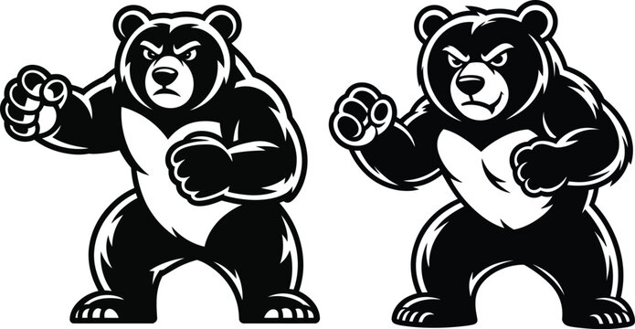 Aggressive black bears in fighting stance vector illustration, black and white